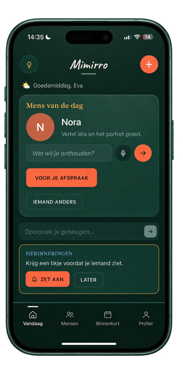 Mimirro op vijf telefoons: Max, Sophie, Emma, Pieter en Lotte — met hun volgende ontmoeting en wat ze vertelden